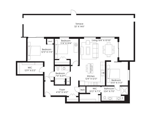 Floor plan for 3 beds, 2 baths, 1373 sqft